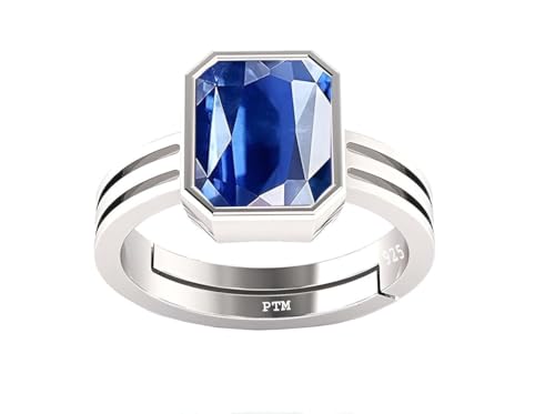 Image of PTM Natural Blue Sapphire /Neelam 3.25 Ratti to 10.25 Ratti or 3 Carat to 9.5 Carat Astrological Certified Gemstone /Square Shape Sterling Silver /bis Hallmark Adjustable Ring for Men & Women