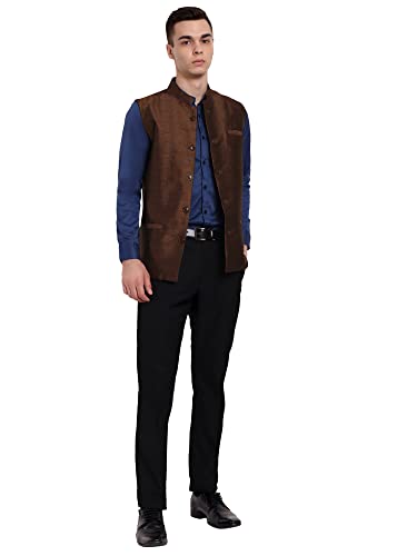 Image of SKAVIJ Mens Embellished Ethnic Wear Nehru Jacket Floral Printed Formal Waistcoat Regular Fit (Small,Brown)