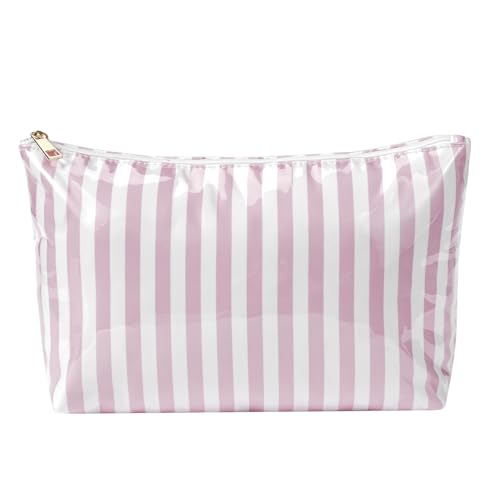 Lestikave Large PVC Waterproof Striped Makeup Bag Clear Coated Cosmetic Bags Easy to Clean Travel Organizer Zipper Pouch Beach Vacation Essentials for Women Girls(04Pink Stripe)