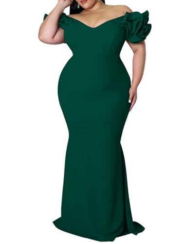 Image of Ekaliy Women's Plus Size Maxi Dress Elegant V-Neck Ruffle Sleeves Bodycon Mermaid Evening Gown