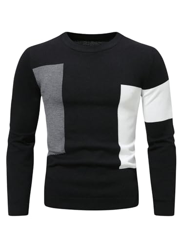 WDIRARA Men's Color Block Crewneck Sweater Long Sleeve Knitted Casual Pullover Tops