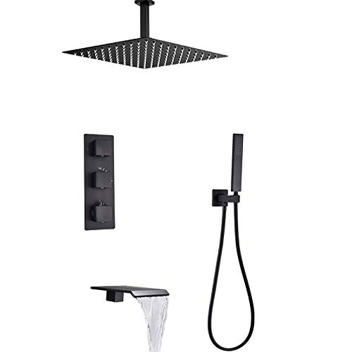 Ensemble douche thermostatique avec pomme de douche 10 pouces et bec cascade noir mat