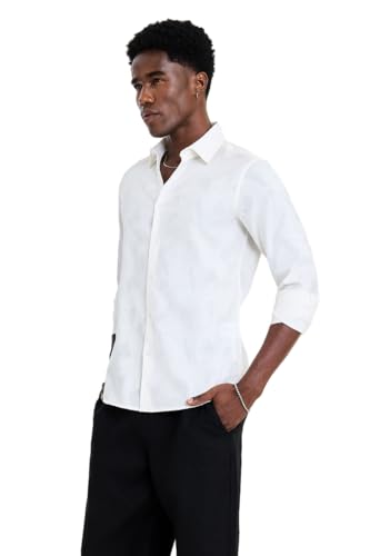Image of SNITCH Men Shirt | Slim Fit Long Sleeve Spread Collar Jacquard Leaf Pattern | Premium Polyester Cotton Blend & Breathable Fabric for Elegant Events