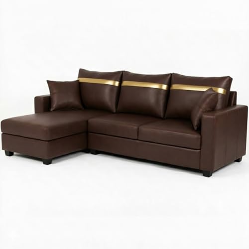Image of FURNY Arossa 4 Seater Leatherette LHS L Shape Sofa Set (Brown) Premium Velvet Finish| Durable Comfort Ideal for Living Room