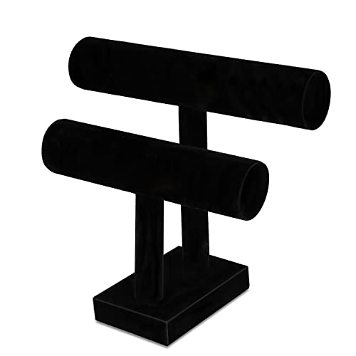 Flexzion Black Velvet Hovering 2 Tier T-bar Jewelry Stand Display Storage Store Rack - Removable Necklace Bracelet Earring Bangle Pendants Anklet Tower Watch Key Holder Organizer For Women Men Girl