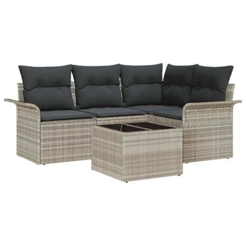 Salon de jardin 5 pcs gris clair en polyrotin avec table et canapé modulable
