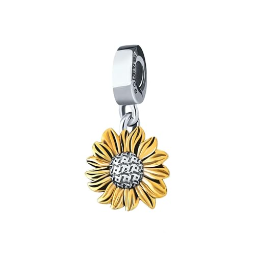 Bolenvi Gold Sunflower Sunshine Dangle Pendant Charm - Omni Clasp Clip on 925 Sterling Silver Charms Compatible with Pandora & Similar Bracelets, Necklaces & DIY Jewelry - 14K Gold Plating