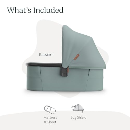 Image of UPPAbaby Bassinet V3 - Compatible with Vista, Cruz, Ridge Strollers - Overnight Sleep Solution - Mattress, Sheet and Bug Shield Included - Kenzi (Mystic Aqua /Carbon Frame)