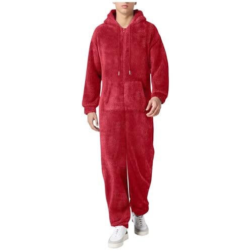 Pijama con Capucha Hombre Mono Pijama de Forro Polar Franela Invierno Pijama Hombre Cremallera Ropa de Dormir Espesa Pijamas Entero de Una Pieza Color Sólido Talla Grande Caliente