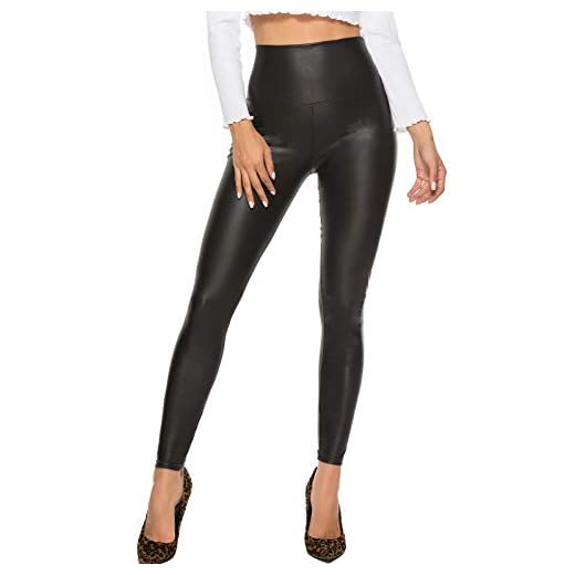 FITTOO Mujeres PU Leggins Cuero Brillante Pantalón Elásticos Pantalones para MujerG300-2 Negro Mate XS