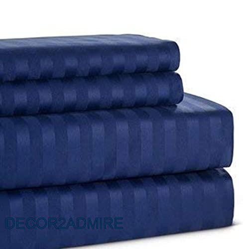 Image of DECOR2ADMIRE 300 TC Premium Glace Cotton All Round Elastic Fitted Plain Stripe Pastel Shades Queen Size Bedsheet with 2 Pillow Covers (Dark Blue, Queen 90 inch x 100 inch)