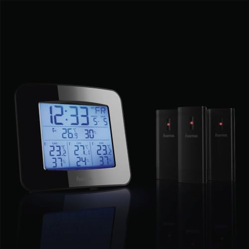 Hama EWS-Trio Funkwetterstation (3 Sensoren, digital, Ellbogen 50m, Thermometer, Hygrometer, Display mit Hintergrundbeleuchtung, 14,7 x 2,6 x 13,3) schwarz