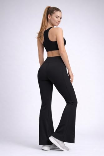 Image of Women's High Waist Bootcut Yoga Pants with Side Pockets | Flared Gym Leggings for Women | Stretchable Workout Bell Bottom Tights for Yoga, Gym, Running & Casual Wear Pack of 2