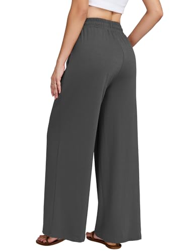 YOKGO Womens Wide Leg Pants Elastic Waisted Casual Palazzo Pant Travel Vacation Beach Trousers with Pockets Grey — view 4