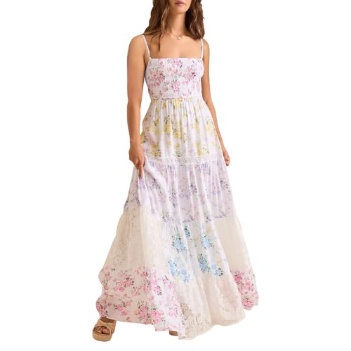 Women Floral Maxi Dress Smocked Spaghetti Strap Lace Patchwork Tiered Boho Long Dress Vacation Garden Party