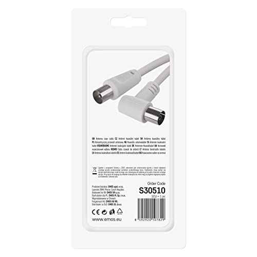 EMOS Antennenkabel, Koaxialkabel, Fernsehkabel 5 m, Koax-Kabel für Digitales Fernsehen, TV, Receiver, SAT, doppelt abgeschirmt, gerader Koax-Stecker auf gewinkelte Koax-Buchse (90° Grad)
