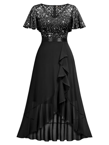 Image of Miusol Women's Classy V-Neck Butterfly Sleeve Sequined Floral Lace Ruffle Split Bridesmaid Party Dress