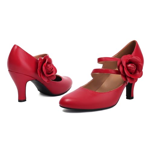Women's Mary Jane Close Round Toe 1930s Vintage 1950s Heels Flower Double Straps Retro 1920s Victorian Pumps Shoes2