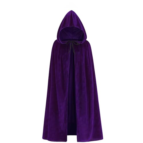 ODOCARE 59Inch Velvet Cloak with Hood for Men & Women Hooded Cape Cloak Unisex Halloween Witch Vampire Wizard Raven Cosplay Costume(Purple L)