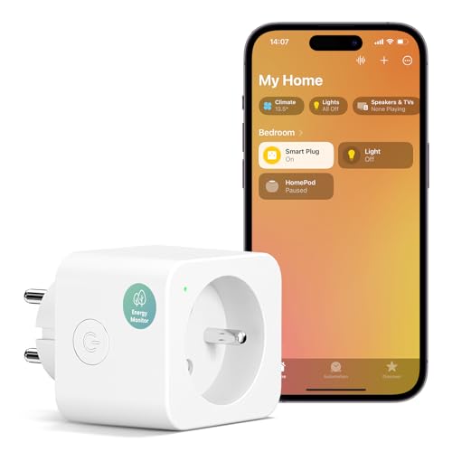 Meross Smart Plug (Typ E), 16 A, kompatibel mit Apple HomeKit, Alexa und Google Home, intelligenter Stecker mit Stromverbrauchsmessung, Sprachsteuerung und Fernbedienung