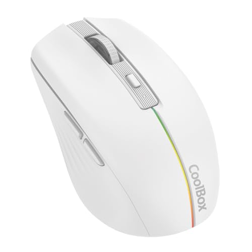 CoolBox W01 Ratón PC Inalámbrico 2.4GHz con 6 Botones, Batería Recargable, 1600 dpi, Tecnología Óptica, Iluminación Rainbow. Color Blanco