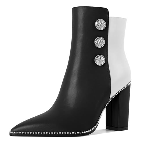 Joseywade Womens Ankle Booties 3.7 Inch Heel Chunky Boots Buttons Beaded Pointed Toe Side Zipper Boots Size 5-13 - Main Image