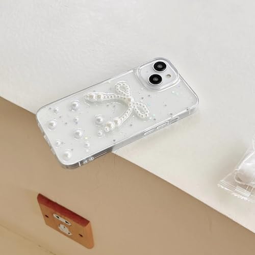 Image of COVERLY for iPhone 12 Pro 3D Luxury Pearl Bow Resin Phone Case,Trendy Translucent Cute Hard Epoxy Art Crystal Clear -Non Yellowing Love Heart Embossed Pearl Princess Cover for Apple iPhone 12 Pro