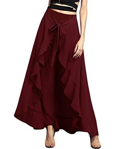 Lrady Women s Ruffle Plain Wide Leg Split Tie-Waist Maxi Long Palazzo Overlay Pant Skirts, Wine Red, X-Large
