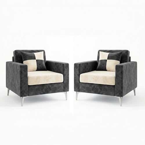 Image of FURNY Lushwood 3 Seater + 1 Seater + 1 Seater Sofa Set (Dark Grey-Cream) | Premium Suede Velvet Fabric Finish | Silver Metal Legs | Durable Comfort Sofa for Modern Living Room & Office Spaces