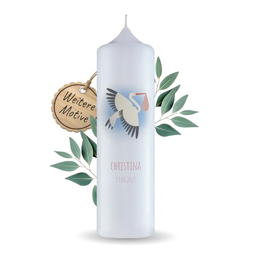 ENGELS KERZEN – Stumpenkerze Ø7 H 25cm Storch pink - Taufkerze personalisierbar mit Namen & Datum. Handgemachte Kerze mit langer Brenndauer, ideal zur Taufe. Made in Germany