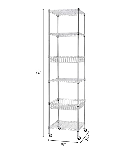 Finnhomy Heavy Duty 6 Tier Wire Shelving Unit With Wheels 18X18X72-Inches 6 Shelves Storage Rack Thicken Steel Tube, Adjustable Shelving Rack For Kitchen Bathroom Office, Nsf Certified, Chrome #TOP2