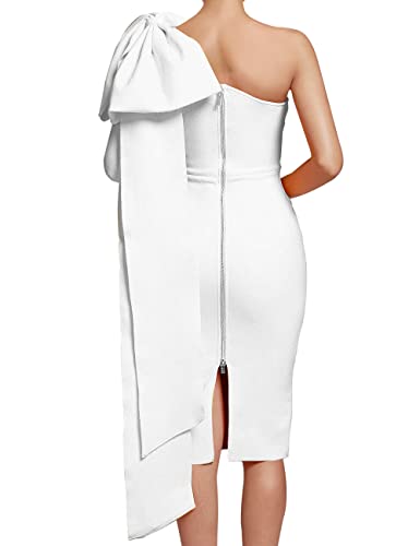 Image of UONBOX Women's One Shoulder Bowknot Long Sleeve Bodycon Knee Length Club Party Bandage Dress