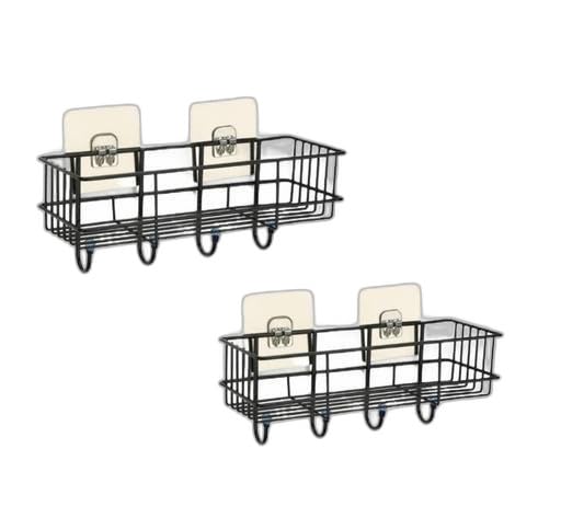 (Pack of 2) Steel Self-Adhesive Multipurpose Bathroom Shelf with Hooks/Towel Holder/Rack/Bathroom Accessories - Wall Mount - Pack of 2 (Black,Powder Coated)|TM-P10711