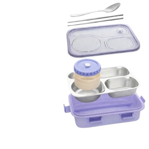 Kawaii Stainless Steel Bento Lunch Box 3 Compartment Leak Proof Tiffin Box with Spoon & 2 Chopsticks, (Purple)(2404)