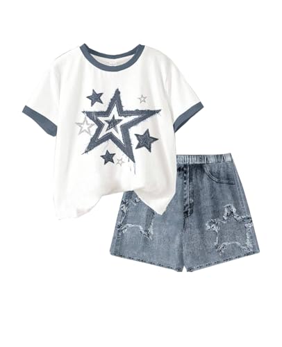 Image of Ayzozuy Kid Girl Clothes Shorts Set 2 Piece Outfits Summer Casual Short Sleeve Top and Shorts Set for Girls 4-7