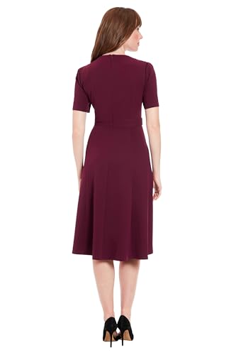 London Times Women's Short Sleeve Crepe Fit and Flare Midi with Waist Button Detail3