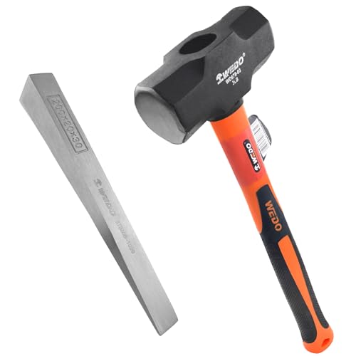 WEDO Martello da slitta da 1,4 kg e cuneo flangiato 2PCS Set,Trapanatura/Crack Hammer con manico in fibra di vetro,Cuneo spaccato in acciaio inox 200mm,Martello in acciaio ad alto tenore di carbonio