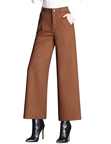 Tanming Women's Casual High Waist Trousers Wool Blend Cropped Wide Leg Pants (Large, Brown)