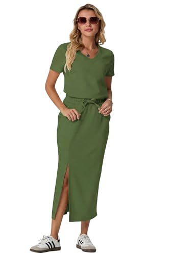 Image of GRECERELLE Women Summer Casual 2 Piece Sets V-Neck Wrinkle-Free Top & Elastic Waist Midi Side Slit Skirt with Pockets