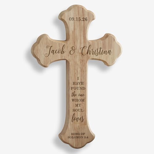 Personalization Universe Our Wedding Day Personalized Oak Wood Cross - Engraved Names & Date with Bible Verse, 9.5" x 6" Wall Decor, Wedding Gift, Home Wall Decoration