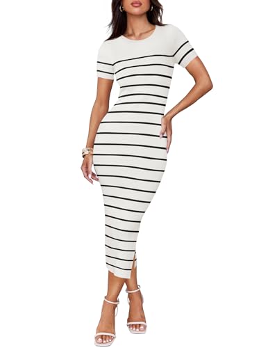 ZESICA Women's 2025 Summer Bodycon Midi Dress Striped Short Sleev...