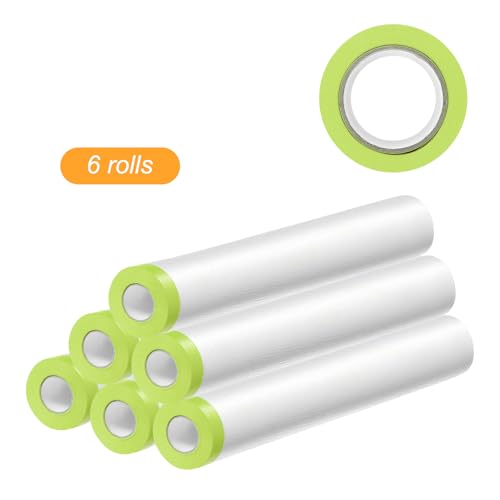 Image of HARFINGTON 6 Rolls Pre-Taped Masking Film 70.9 inch x65.6ft Tape and Drape Painters Plastic Drop Cloth Film with Tape Plastic Sheeting for Automotive Painting Covering, Green