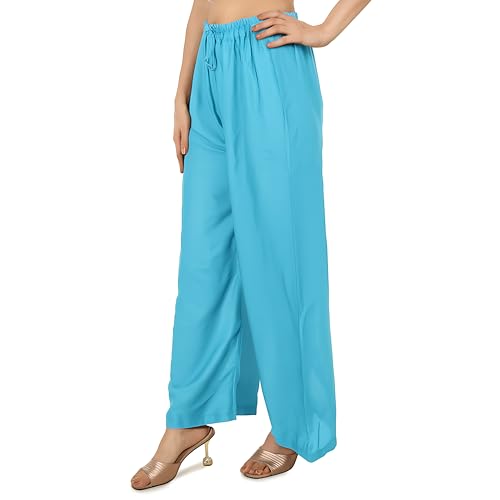 Image of Women's Rayon Palazzo Pants | Solid Color Wide Leg Trousers in 18 Shades | Elastic Waist Casual Bottoms XS-7XL | Comfortable