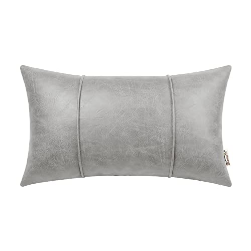 Image of BRAWARM Gray Leather Throw Pillow Covers 12 X 20 Inches - Faux Leather Lumbar Pillow Cover with Piping, Hand Stitched Leather Throw Pillow for Couch Sofa Bed Living Room Home Decorative