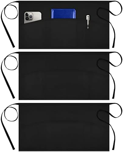 Syntus 3 Pack Server Aprons with 3 Pockets, Waterdrop Resistant Waitress Waiter Waist Apron, 11.5-inch Black