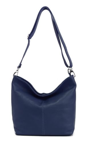Made in Italy Damen Leder Tasche Umhängetasche Shopper Cross Over Body Bag Handtasche Ledertasche Schultertasche Hobo Bag Dunkelblau