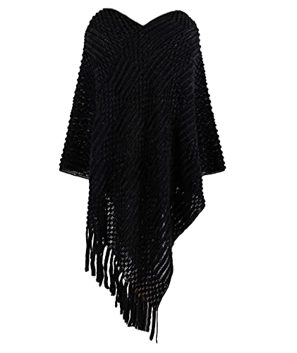 Image of xxxiticat Women's Tassel Poncho Scarf Batwing Sleeve Loose Fringe Hem Round Ball Cape Shawls Knitted Pullover Sweaters