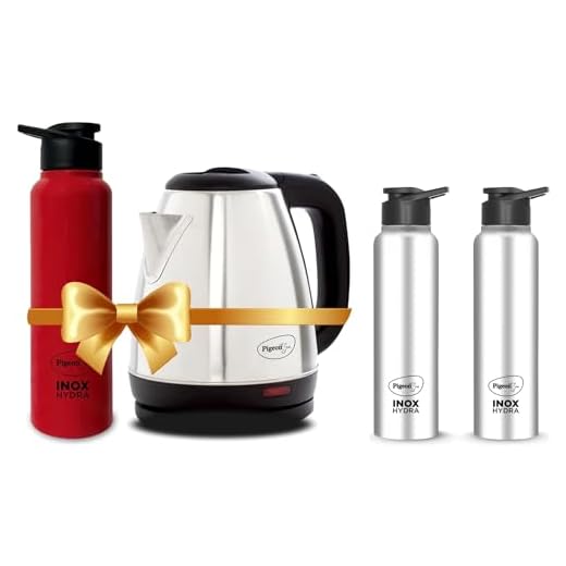 Pigeon 1.5 litre Hot Kettle and Water Bottle Combo (Silver) & Pigeon Inox Hydra 700 ml Bottle (Pack of 2, Black, Steel/Chrome, Steel)