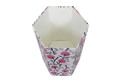 Image of 3.3 Gallon Cotton Hand Block Printed Paper Waste Basket |Small Decorative Trash Can for Housewarming Gifts in Living Room, Bedroom, Bathroom | Eco-Friendly, Plastic-Free (1, White Pink FLOWAR)