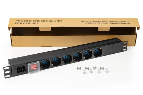 Connetto CO10062 rack multiuttag med strömbrytare och 6 universella/Schuko och italienska UNEL 2P+T 16A trepoliga uttag, med C20-hankontakt, mått 48,5 x 4,5 x 4,5 cm, vändbara blad